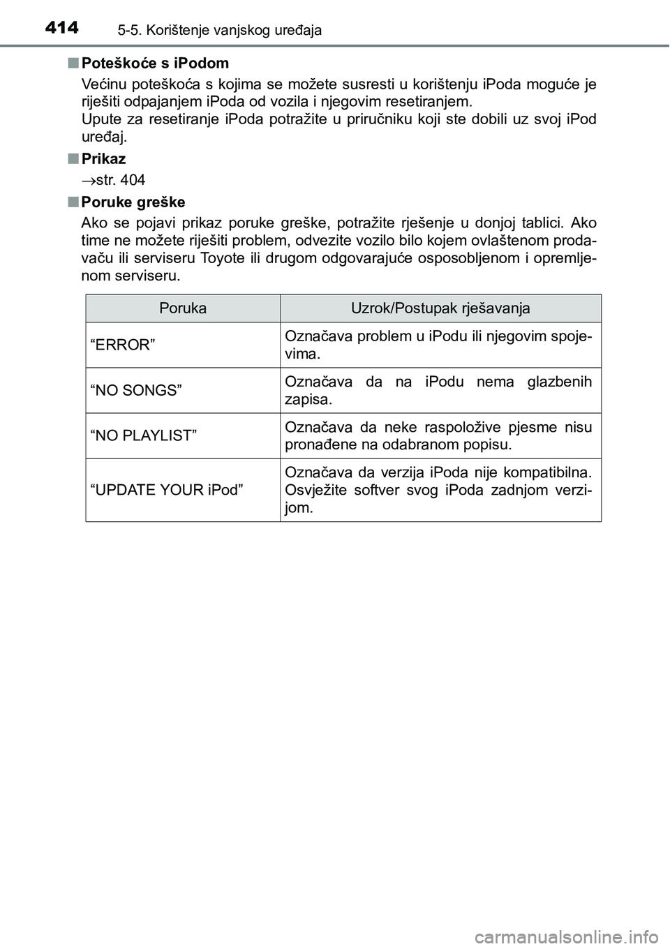 TOYOTA RAV4 2016 Upute Za Rukovanje (in Croatian) 4145-5. Korištenje vanjskog uređaja
nPoteškoće s iPodom
Većinu poteškoća s kojima se možete susresti u korištenju iPoda moguće je
riješiti odpajanjem iPoda od vozila i njegovim res TOYOTA RAV4 2016 Upute Za Rukovanje (in Croatian) 4145-5. Korištenje vanjskog uređaja
nPoteškoće s iPodom
Većinu poteškoća s kojima se možete susresti u korištenju iPoda moguće je
riješiti odpajanjem iPoda od vozila i njegovim res