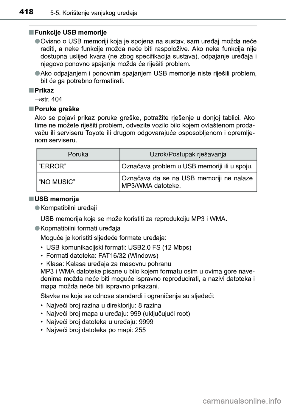 TOYOTA RAV4 2016 Upute Za Rukovanje (in Croatian) 4185-5. Korištenje vanjskog uređaja
nFunkcije USB memorije
lOvisno o USB memoriji koja je spojena na sustav, sam uređaj možda neće
raditi, a neke funkcije možda neće biti raspoložive. TOYOTA RAV4 2016 Upute Za Rukovanje (in Croatian) 4185-5. Korištenje vanjskog uređaja
nFunkcije USB memorije
lOvisno o USB memoriji koja je spojena na sustav, sam uređaj možda neće
raditi, a neke funkcije možda neće biti raspoložive.