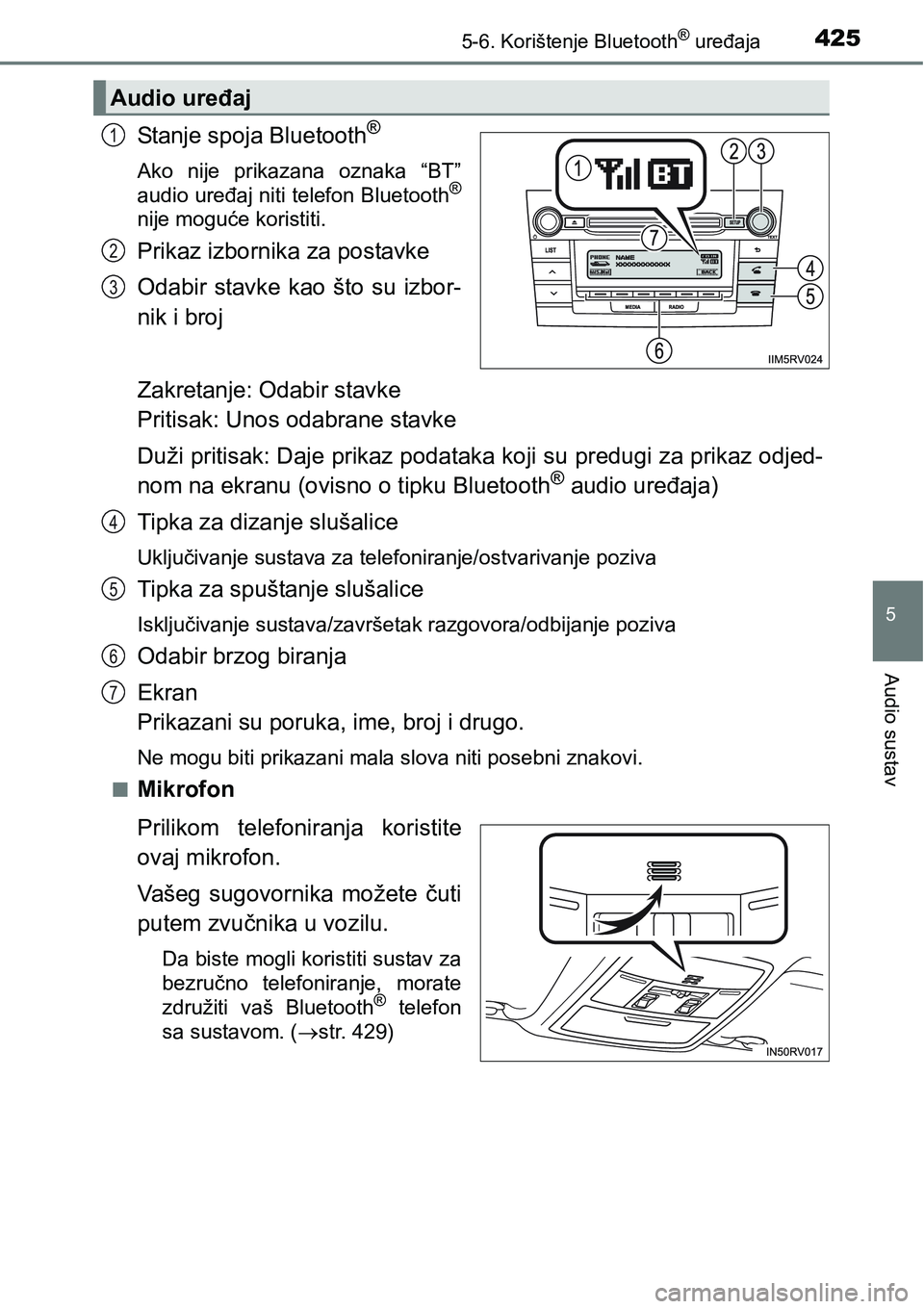TOYOTA RAV4 2016 Upute Za Rukovanje (in Croatian) 4255-6. Korištenje Bluetooth® uređaja
5
Audio sustav
Stanje spoja Bluetooth®
Ako nije prikazana oznaka “BT”
audio uređaj niti telefon Bluetooth®
nije moguće koristiti.
Prikaz izbornika TOYOTA RAV4 2016 Upute Za Rukovanje (in Croatian) 4255-6. Korištenje Bluetooth® uređaja
5
Audio sustav
Stanje spoja Bluetooth®
Ako nije prikazana oznaka “BT”
audio uređaj niti telefon Bluetooth®
nije moguće koristiti.
Prikaz izbornika