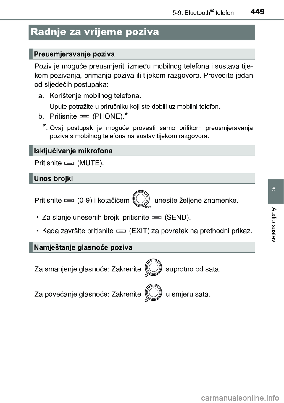 TOYOTA RAV4 2016  Upute Za Rukovanje (in Croatian) 449
5
5-9. Bluetooth® telefon
Audio sustav
Radnje za vrijeme poziva
Poziv je moguće preusmjeriti između mobilnog telefona i sustava tije-
kom pozivanja, primanja poziva ili tijekom razgovora. Prove