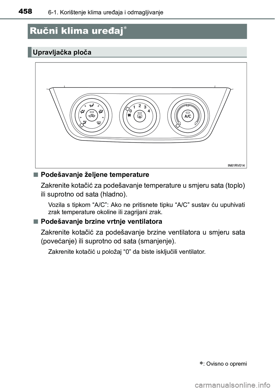 TOYOTA RAV4 2016  Upute Za Rukovanje (in Croatian) 4586-1. Korištenje klima uređaja i odmagljivanje
Ručni klima uređaj
nPodešavanje željene temperature
Zakrenite kotačić za podešavanje temperature u smjeru sata (toplo)
ili suprotno od sata