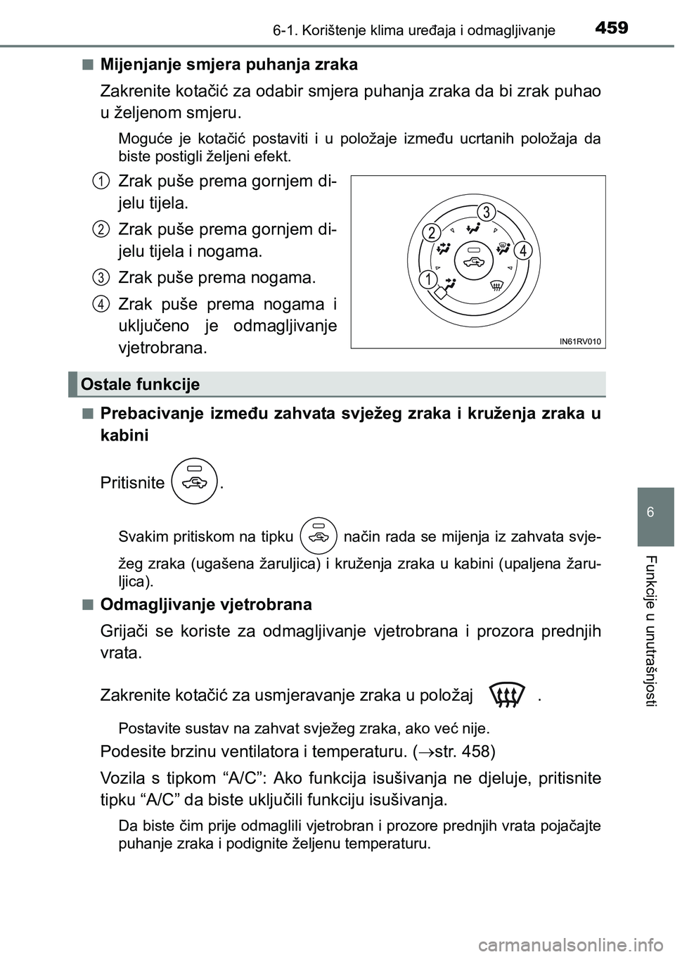 TOYOTA RAV4 2016 Upute Za Rukovanje (in Croatian) 4596-1. Korištenje klima uređaja i odmagljivanje
6
Funkcije u unutrašnjosti
nMijenjanje smjera puhanja zraka
Zakrenite kotačić za odabir smjera puhanja zraka da bi zrak puhao
u željenom smjeru.
TOYOTA RAV4 2016 Upute Za Rukovanje (in Croatian) 4596-1. Korištenje klima uređaja i odmagljivanje
6
Funkcije u unutrašnjosti
nMijenjanje smjera puhanja zraka
Zakrenite kotačić za odabir smjera puhanja zraka da bi zrak puhao
u željenom smjeru.