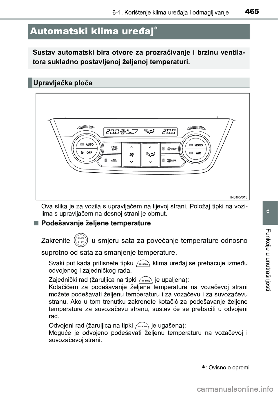 TOYOTA RAV4 2016 Upute Za Rukovanje (in Croatian) 465
6
6-1. Korištenje klima uređaja i odmagljivanje
Funkcije u unutrašnjosti
Automatski klima uređaj
Ova slika je za vozila s upravljačem na lijevoj strani. Položaj tipki na vozi-
lima s upra TOYOTA RAV4 2016 Upute Za Rukovanje (in Croatian) 465
6
6-1. Korištenje klima uređaja i odmagljivanje
Funkcije u unutrašnjosti
Automatski klima uređaj
Ova slika je za vozila s upravljačem na lijevoj strani. Položaj tipki na vozi-
lima s upra