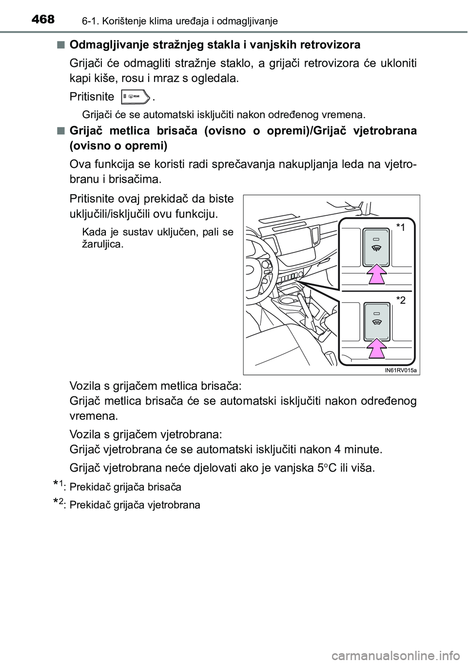 TOYOTA RAV4 2016 Upute Za Rukovanje (in Croatian) 4686-1. Korištenje klima uređaja i odmagljivanje
nOdmagljivanje stražnjeg stakla i vanjskih retrovizora
Grijači će odmagliti stražnje staklo, a grijači retrovizora će ukloniti
kapi kiše, TOYOTA RAV4 2016 Upute Za Rukovanje (in Croatian) 4686-1. Korištenje klima uređaja i odmagljivanje
nOdmagljivanje stražnjeg stakla i vanjskih retrovizora
Grijači će odmagliti stražnje staklo, a grijači retrovizora će ukloniti
kapi kiše,