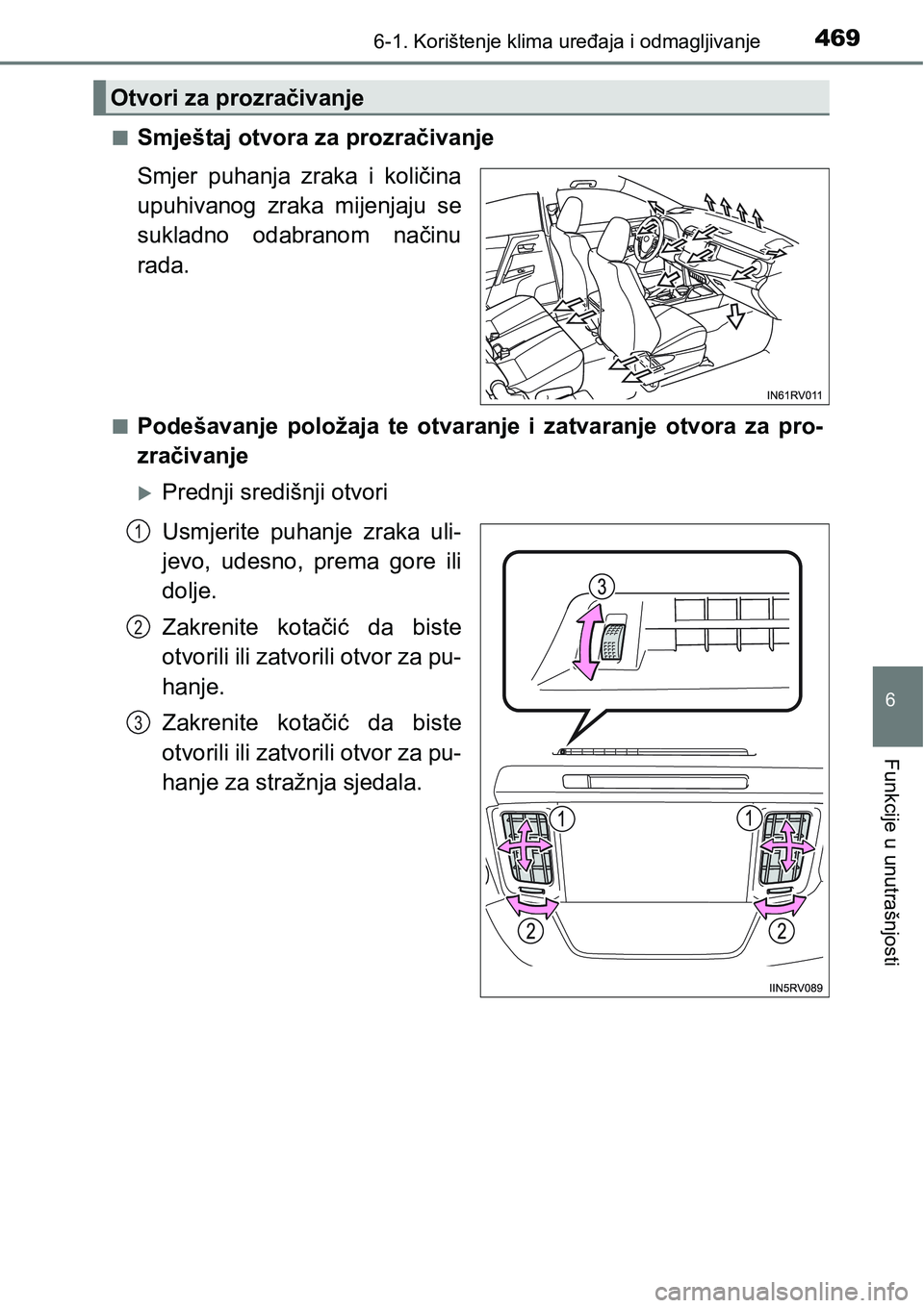 TOYOTA RAV4 2016 Upute Za Rukovanje (in Croatian) 4696-1. Korištenje klima uređaja i odmagljivanje
6
Funkcije u unutrašnjosti
nSmještaj otvora za prozračivanje
Smjer puhanja zraka i količina
upuhivanog zraka mijenjaju se
sukladno odabra TOYOTA RAV4 2016 Upute Za Rukovanje (in Croatian) 4696-1. Korištenje klima uređaja i odmagljivanje
6
Funkcije u unutrašnjosti
nSmještaj otvora za prozračivanje
Smjer puhanja zraka i količina
upuhivanog zraka mijenjaju se
sukladno odabra