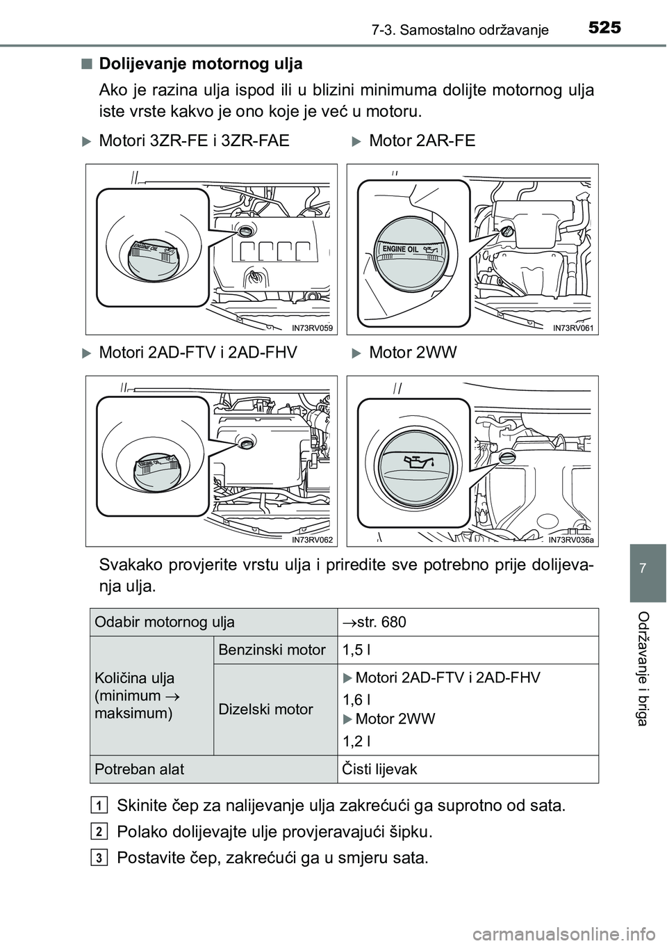 TOYOTA RAV4 2016 Upute Za Rukovanje (in Croatian) 5257-3. Samostalno održavanje
7
Održavanje i briga
nDolijevanje motornog ulja
Ako je razina ulja ispod ili u blizini minimuma dolijte motornog ulja
iste vrste kakvo je ono koje je već u TOYOTA RAV4 2016 Upute Za Rukovanje (in Croatian) 5257-3. Samostalno održavanje
7
Održavanje i briga
nDolijevanje motornog ulja
Ako je razina ulja ispod ili u blizini minimuma dolijte motornog ulja
iste vrste kakvo je ono koje je već u
