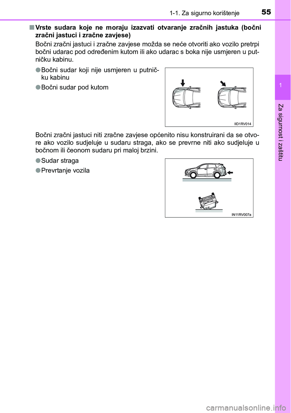 TOYOTA RAV4 2016 Upute Za Rukovanje (in Croatian) 551-1. Za sigurno korištenje
1
Za sigurnost i zaštitu
nVrste sudara koje ne moraju izazvati otvaranje zračnih jastuka (bočni
zračni jastuci i zračne zavjese)
Bočni zračni jastuci i zra TOYOTA RAV4 2016 Upute Za Rukovanje (in Croatian) 551-1. Za sigurno korištenje
1
Za sigurnost i zaštitu
nVrste sudara koje ne moraju izazvati otvaranje zračnih jastuka (bočni
zračni jastuci i zračne zavjese)
Bočni zračni jastuci i zra