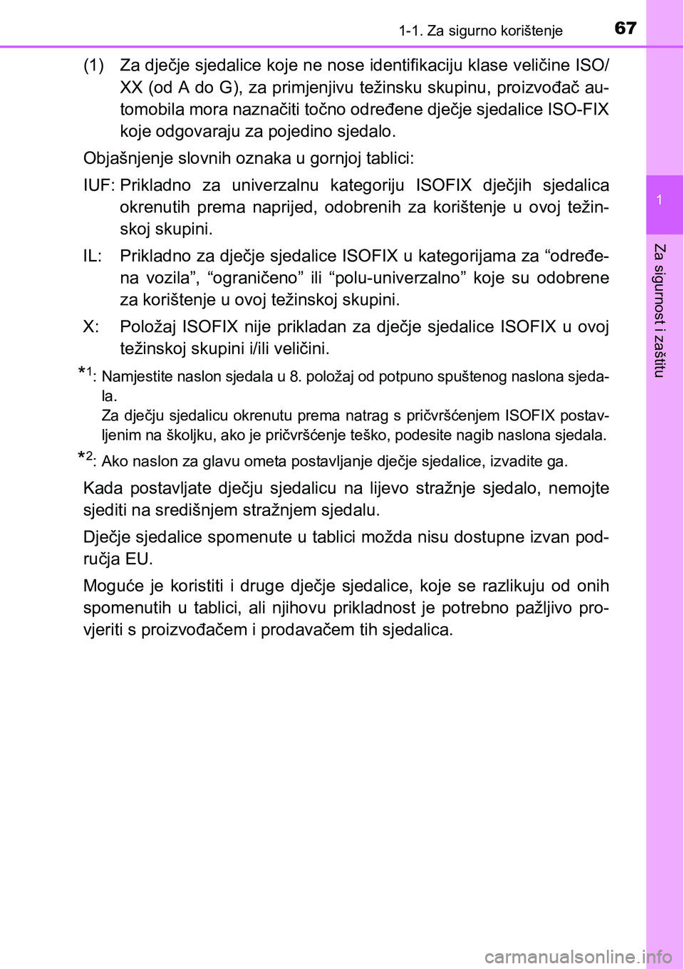 TOYOTA RAV4 2016 Upute Za Rukovanje (in Croatian) 671-1. Za sigurno korištenje
1
Za sigurnost i zaštitu
(1) Za dječje sjedalice koje ne nose identifikaciju klase veličine ISO/
XX (od A do G), za primjenjivu težinsku skupinu, proizvođač au-
tom TOYOTA RAV4 2016 Upute Za Rukovanje (in Croatian) 671-1. Za sigurno korištenje
1
Za sigurnost i zaštitu
(1) Za dječje sjedalice koje ne nose identifikaciju klase veličine ISO/
XX (od A do G), za primjenjivu težinsku skupinu, proizvođač au-
tom