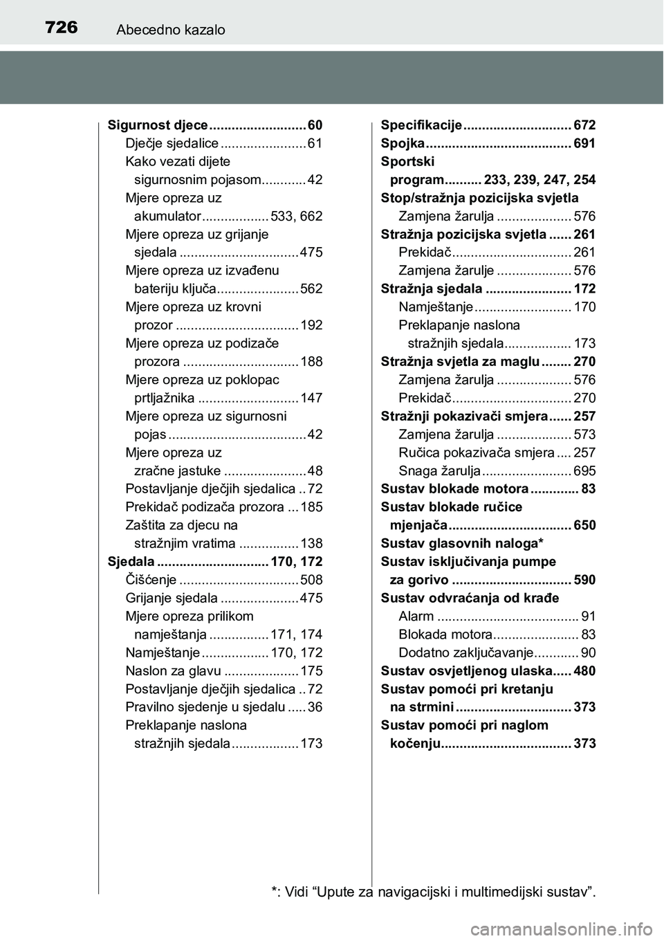 TOYOTA RAV4 2016 Upute Za Rukovanje (in Croatian) 726Abecedno kazalo
Sigurnost djece .......................... 60
Dječje sjedalice ....................... 61
Kako vezati dijete
sigurnosnim pojasom............ 42
Mjere opreza uz
akumulator ....... TOYOTA RAV4 2016 Upute Za Rukovanje (in Croatian) 726Abecedno kazalo
Sigurnost djece .......................... 60
Dječje sjedalice ....................... 61
Kako vezati dijete
sigurnosnim pojasom............ 42
Mjere opreza uz
akumulator .......