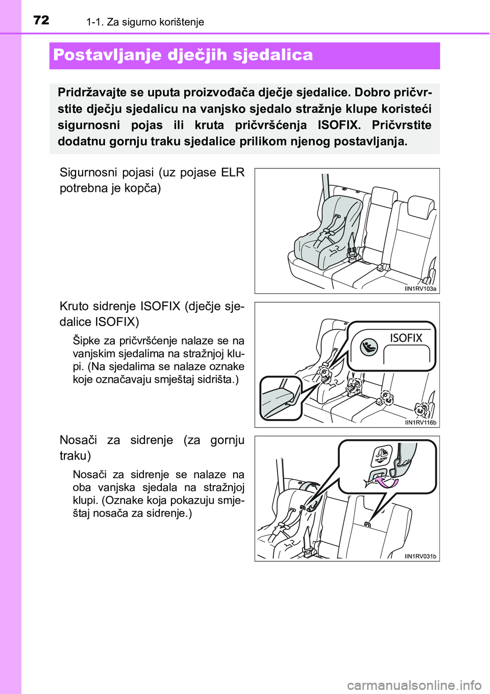 TOYOTA RAV4 2016 Upute Za Rukovanje (in Croatian) 721-1. Za sigurno korištenje
Postavljanje dječjih sjedalica
Sigurnosni pojasi (uz pojase ELR
potrebna je kopča)
Kruto sidrenje ISOFIX (dječje sje-
dalice ISOFIX)
Šipke za pričvršćen TOYOTA RAV4 2016 Upute Za Rukovanje (in Croatian) 721-1. Za sigurno korištenje
Postavljanje dječjih sjedalica
Sigurnosni pojasi (uz pojase ELR
potrebna je kopča)
Kruto sidrenje ISOFIX (dječje sje-
dalice ISOFIX)
Šipke za pričvršćen