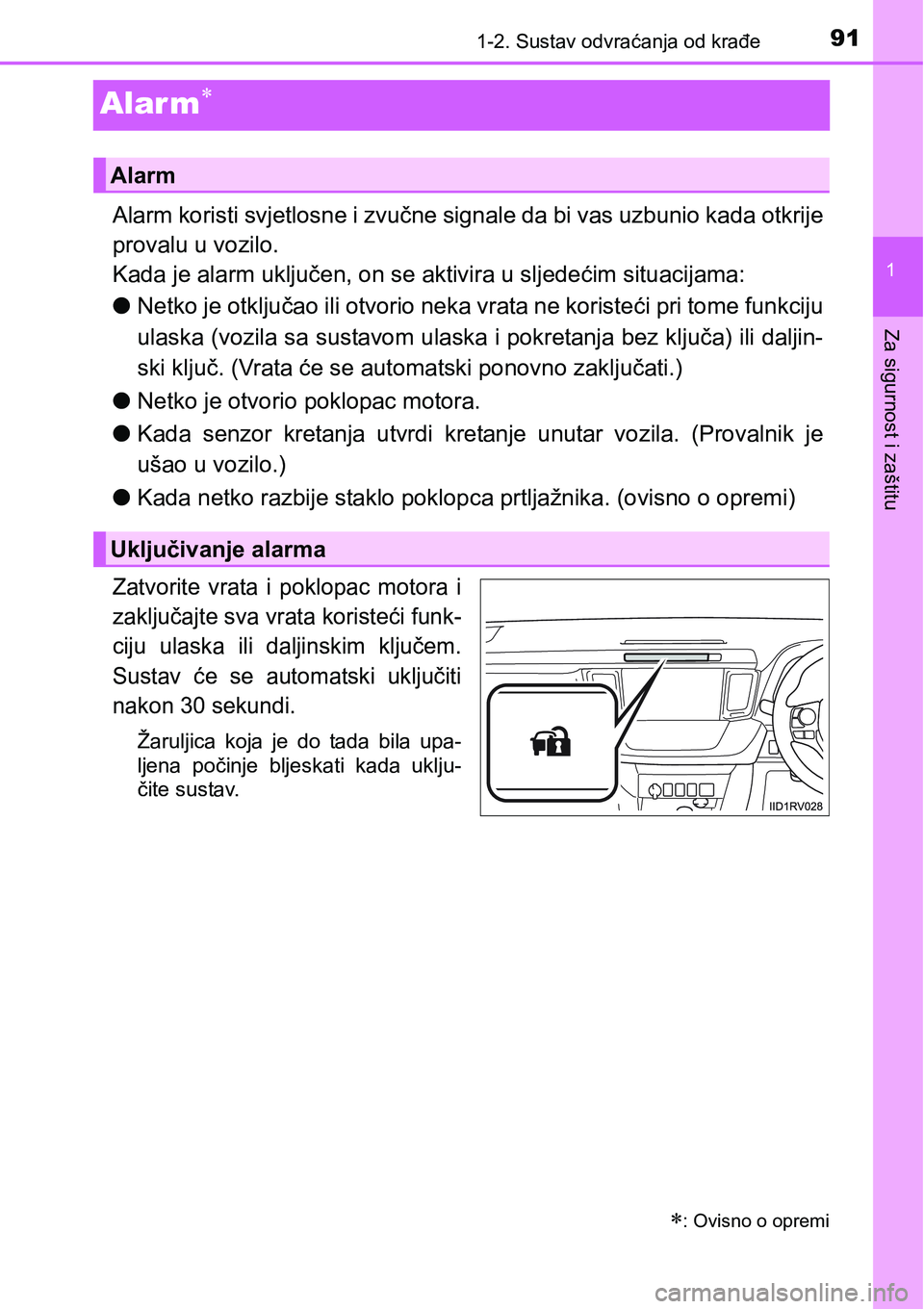 TOYOTA RAV4 2016 Upute Za Rukovanje (in Croatian) 91
1
1-2. Sustav odvraćanja od krađe
Za sigurnost i zaštitu
Alar m
Alarm koristi svjetlosne i zvučne signale da bi vas uzbunio kada otkrije
provalu u vozilo.
Kada je alarm uključen, on se akti TOYOTA RAV4 2016 Upute Za Rukovanje (in Croatian) 91
1
1-2. Sustav odvraćanja od krađe
Za sigurnost i zaštitu
Alar m
Alarm koristi svjetlosne i zvučne signale da bi vas uzbunio kada otkrije
provalu u vozilo.
Kada je alarm uključen, on se akti