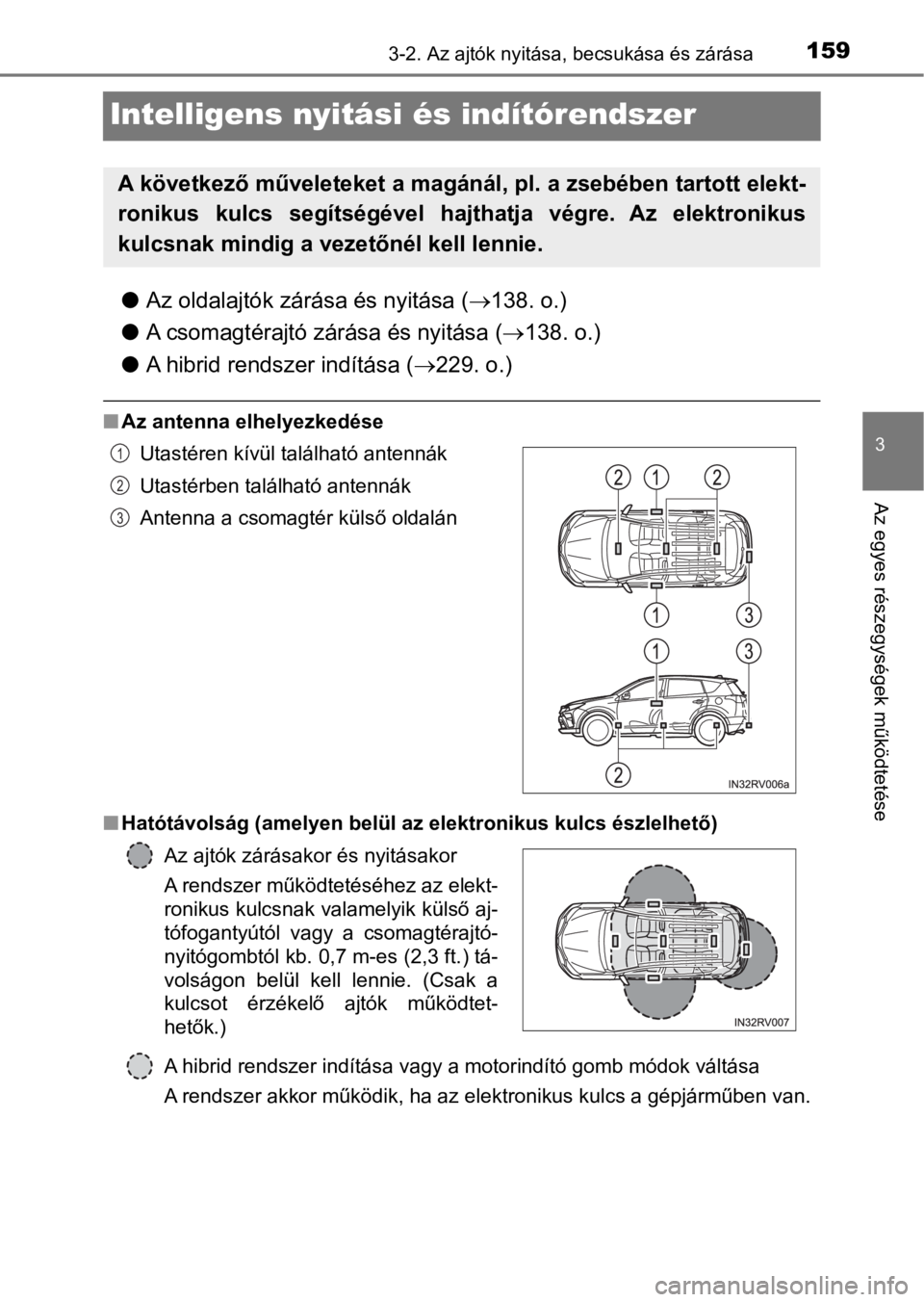 TOYOTA RAV4 2016 Kezelési útmutató (in Hungarian) 159
3
3-2. Az ajtók nyitása, becsukása és zárása
Az egyes részegységek működtetése
Intelligens nyitási és indítórendszer
lAz oldalajtók zárása és nyitása (138. o.)
lA csomagtér TOYOTA RAV4 2016 Kezelési útmutató (in Hungarian) 159
3
3-2. Az ajtók nyitása, becsukása és zárása
Az egyes részegységek működtetése
Intelligens nyitási és indítórendszer
lAz oldalajtók zárása és nyitása (138. o.)
lA csomagtér