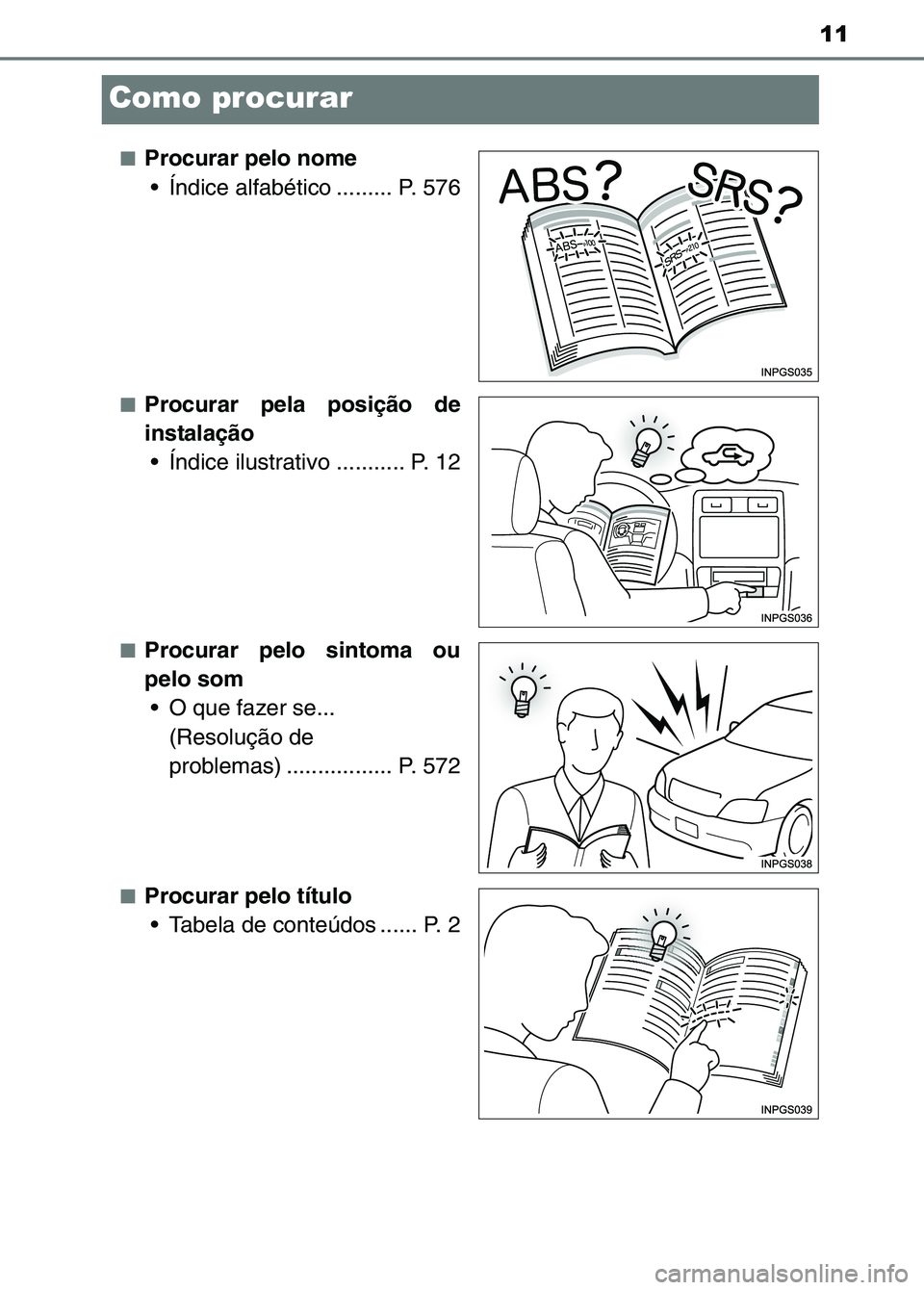 TOYOTA RAV4 2016 Manual de utilização (in Portuguese) 11
Como procurar
■Procurar pelo nome Índice alfabético ......... P. 576
■Procurar pela posição de
instalação Índice ilustrativo ........... P. 12
■Procurar pelo sintoma ou
pelo som
O TOYOTA RAV4 2016 Manual de utilização (in Portuguese) 11
Como procurar
■Procurar pelo nome Índice alfabético ......... P. 576
■Procurar pela posição de
instalação Índice ilustrativo ........... P. 12
■Procurar pelo sintoma ou
pelo som
O