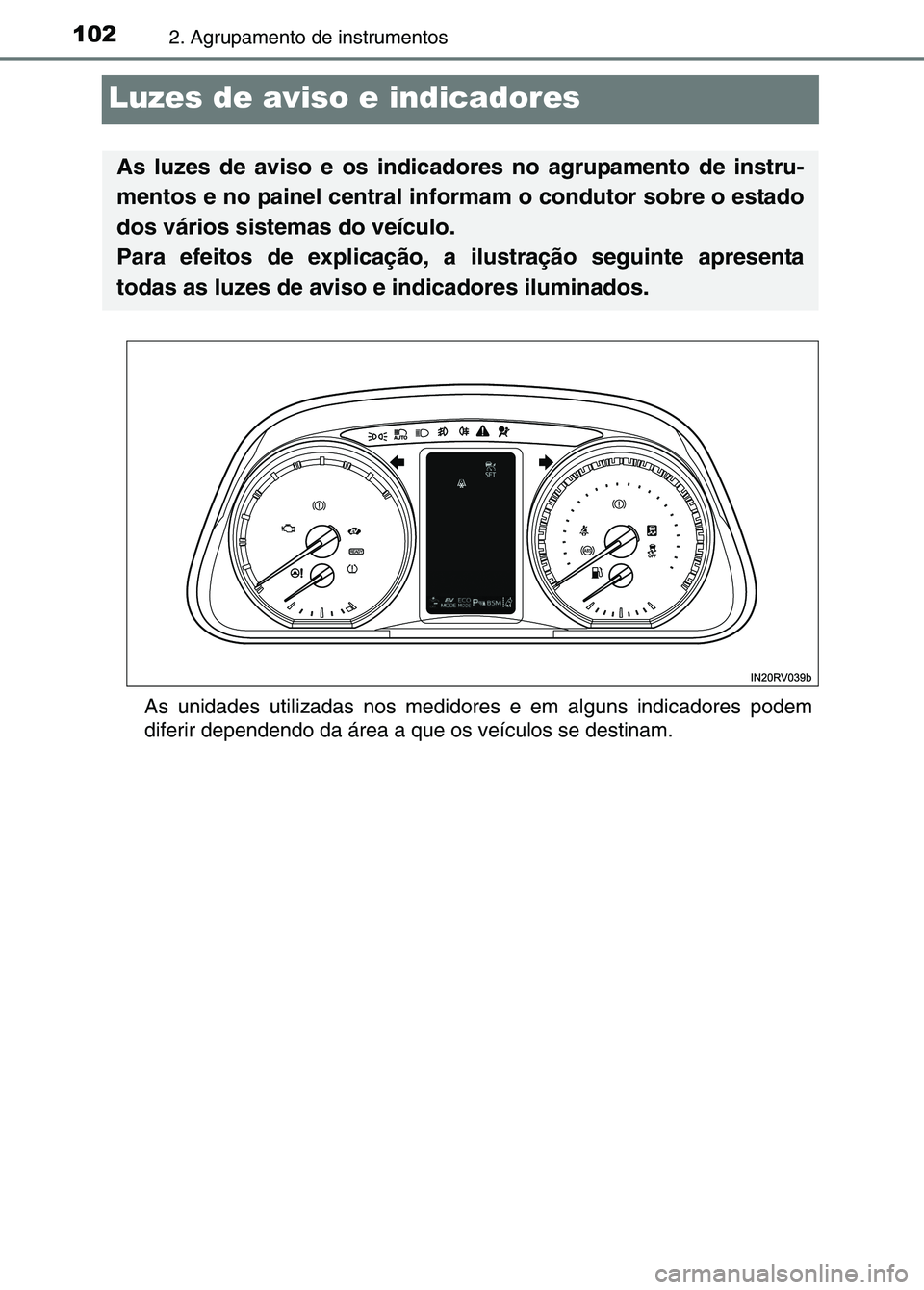 TOYOTA RAV4 2016 Manual de utilização (in Portuguese) 1022. Agrupamento de instrumentos
Luzes de aviso e indicadores
As unidades utilizadas nos medidores e em alguns indicadores podem
diferir dependendo da área a que os veículos se destinam.
As luzes d TOYOTA RAV4 2016 Manual de utilização (in Portuguese) 1022. Agrupamento de instrumentos
Luzes de aviso e indicadores
As unidades utilizadas nos medidores e em alguns indicadores podem
diferir dependendo da área a que os veículos se destinam.
As luzes d