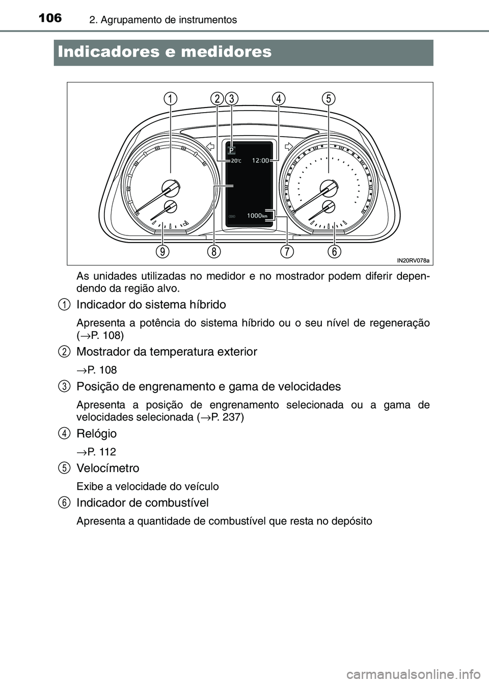 TOYOTA RAV4 2016 Manual de utilização (in Portuguese) 1062. Agrupamento de instrumentos
Indicadores e medidores
As unidades utilizadas no medidor e no mostrador podem diferir depen-
dendo da região alvo.
Indicador do sistema híbrido
Apresenta a potênc TOYOTA RAV4 2016 Manual de utilização (in Portuguese) 1062. Agrupamento de instrumentos
Indicadores e medidores
As unidades utilizadas no medidor e no mostrador podem diferir depen-
dendo da região alvo.
Indicador do sistema híbrido
Apresenta a potênc