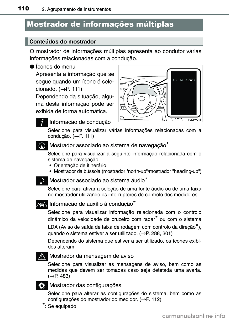 TOYOTA RAV4 2016 Manual de utilização (in Portuguese) 1102. Agrupamento de instrumentos
Mostrador de informações múltiplas
O mostrador de informações múltiplas apresenta ao condutor várias
informações relacionadas com a condução.
●Ícones do TOYOTA RAV4 2016 Manual de utilização (in Portuguese) 1102. Agrupamento de instrumentos
Mostrador de informações múltiplas
O mostrador de informações múltiplas apresenta ao condutor várias
informações relacionadas com a condução.
●Ícones do
