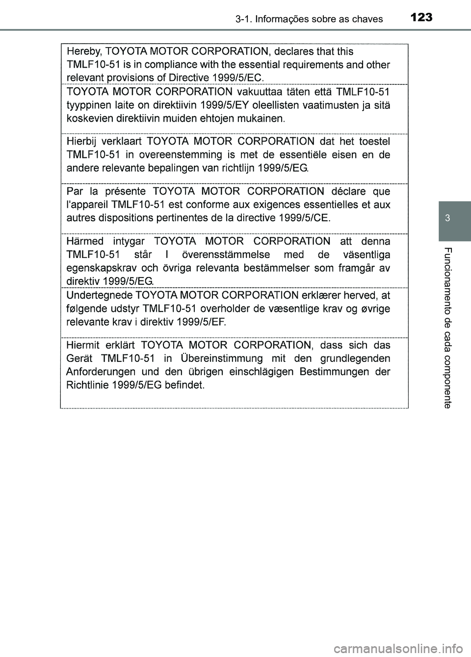 TOYOTA RAV4 2016  Manual de utilização (in Portuguese) 1233-1. Informações sobre as chaves
3
Funcionamento de cada componente
sec_03-01.fm  Page 123  Thursday, October 6, 2016  11:51 AM 