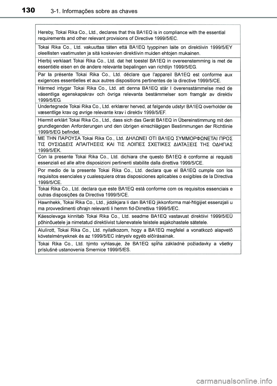 TOYOTA RAV4 2016  Manual de utilização (in Portuguese) 1303-1. Informações sobre as chaves
sec_03-01.fm  Page 130  Thursday, October 6, 2016  11:51 AM 
