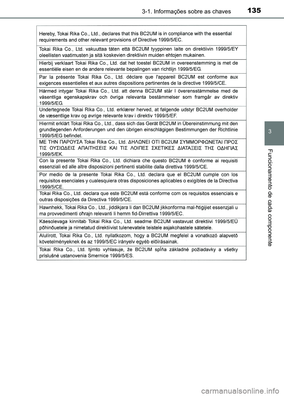 TOYOTA RAV4 2016  Manual de utilização (in Portuguese) 1353-1. Informações sobre as chaves
3
Funcionamento de cada componente
sec_03-01.fm  Page 135  Thursday, October 6, 2016  11:51 AM 