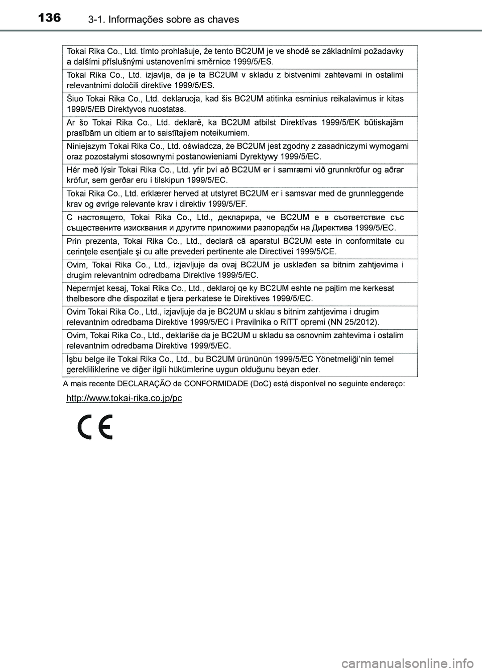 TOYOTA RAV4 2016  Manual de utilização (in Portuguese) 1363-1. Informações sobre as chaves
A mais recente DECLARAÇÃO de CONFORMIDADE (DoC) está disponível no seguinte endereço:
sec_03-01.fm  Page 136  Thursday, October 6, 2016  11:51 AM 