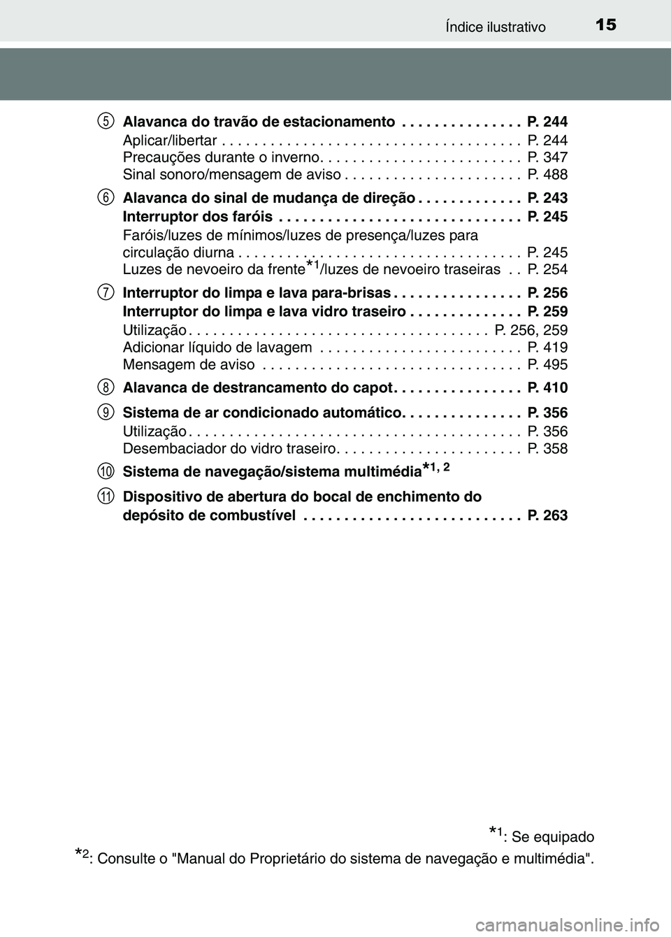 TOYOTA RAV4 2016 Manual de utilização (in Portuguese) 15Índice ilustrativo
Alavanca do travão de estacionamento . . . . . . . . . . . . . . . P. 244
Aplicar/libertar . . . . . . . . . . . . . . . . . . . . . . . . . . . . . . . . . . . .\
. P. 244
TOYOTA RAV4 2016 Manual de utilização (in Portuguese) 15Índice ilustrativo
Alavanca do travão de estacionamento . . . . . . . . . . . . . . . P. 244
Aplicar/libertar . . . . . . . . . . . . . . . . . . . . . . . . . . . . . . . . . . . .\
. P. 244