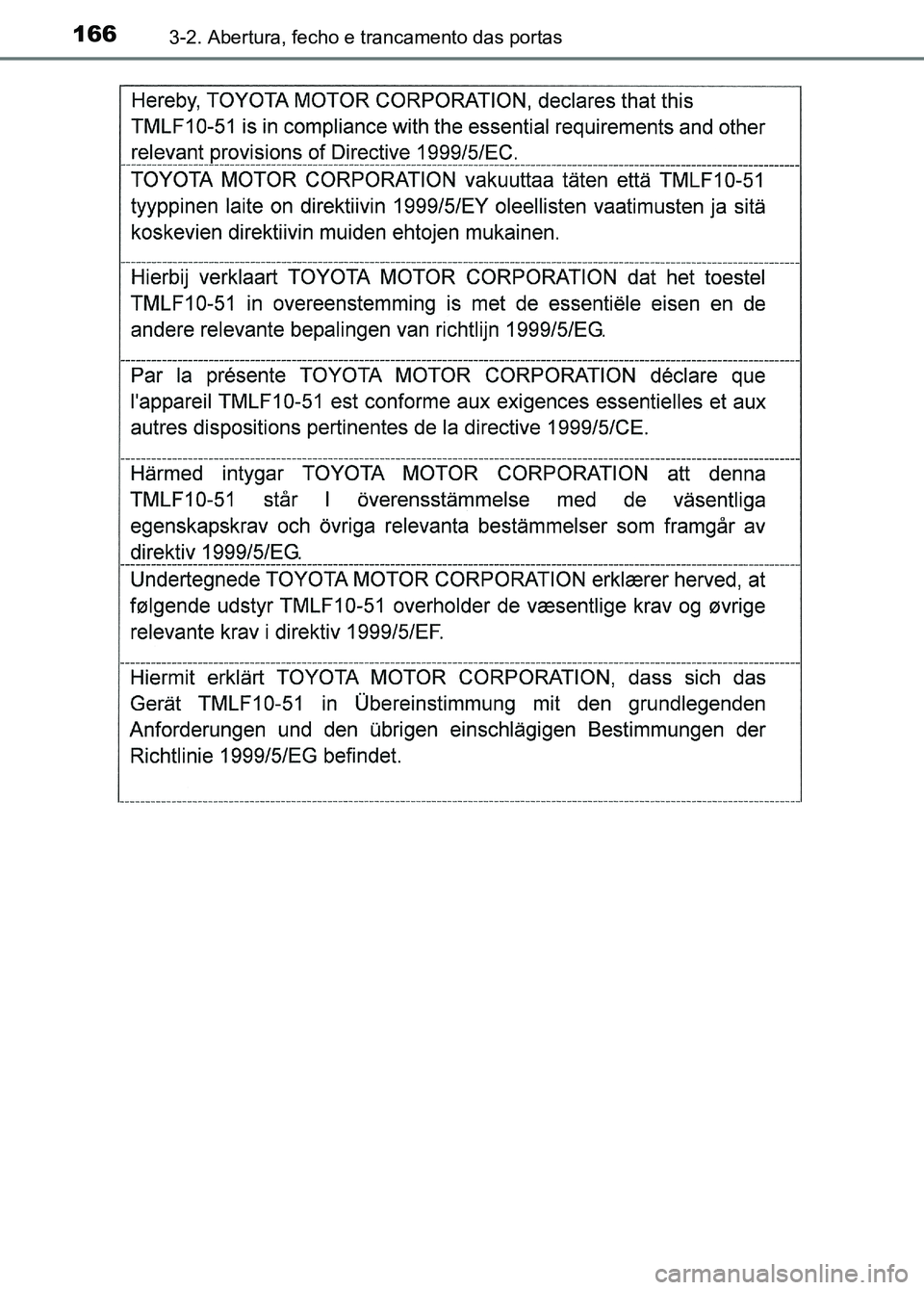 TOYOTA RAV4 2016 Manual de utilização (in Portuguese) 1663-2. Abertura, fecho e trancamento das portas
sec_03-02.fm Page 166 Thurs day, October 6, 2016 11:52 AM TOYOTA RAV4 2016 Manual de utilização (in Portuguese) 1663-2. Abertura, fecho e trancamento das portas
sec_03-02.fm Page 166 Thurs day, October 6, 2016 11:52 AM