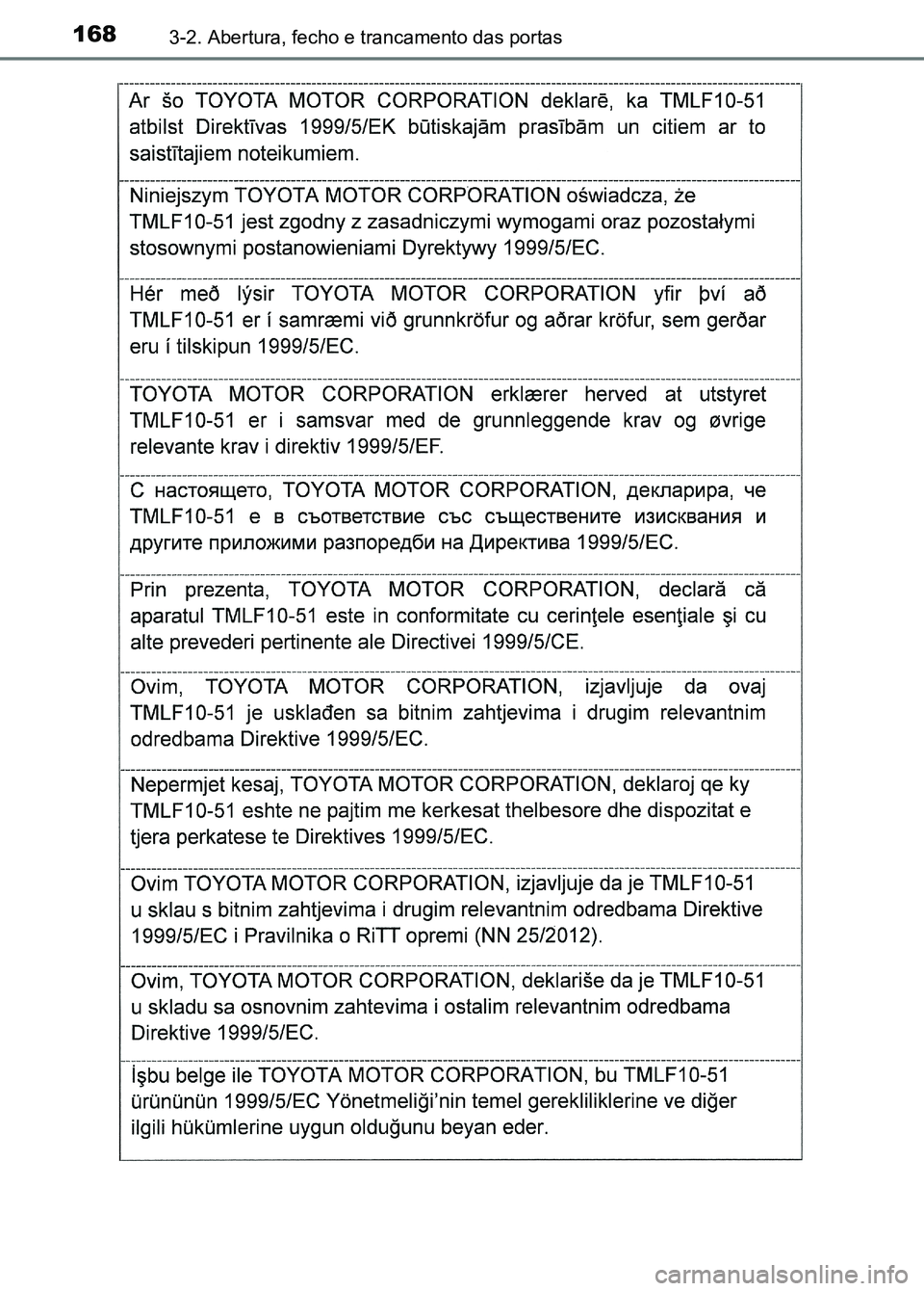 TOYOTA RAV4 2016 Manual de utilização (in Portuguese) 1683-2. Abertura, fecho e trancamento das portas
sec_03-02.fm Page 168 Thurs day, October 6, 2016 11:52 AM TOYOTA RAV4 2016 Manual de utilização (in Portuguese) 1683-2. Abertura, fecho e trancamento das portas
sec_03-02.fm Page 168 Thurs day, October 6, 2016 11:52 AM