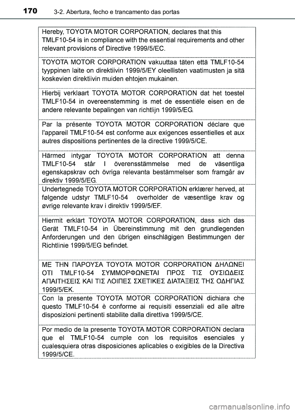 TOYOTA RAV4 2016 Manual de utilização (in Portuguese) 1703-2. Abertura, fecho e trancamento das portas
sec_03-02.fm Page 170 Thurs day, October 6, 2016 11:52 AM TOYOTA RAV4 2016 Manual de utilização (in Portuguese) 1703-2. Abertura, fecho e trancamento das portas
sec_03-02.fm Page 170 Thurs day, October 6, 2016 11:52 AM