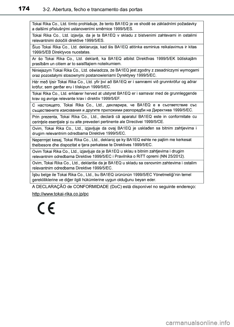 TOYOTA RAV4 2016  Manual de utilização (in Portuguese) 1743-2. Abertura, fecho e trancamento das portas
A DECLARAÇÃO de CONFORMIDADE (DoC) está disponível no seguinte  endereço:
sec_03-02.fm  Page 174  Thursday, October 6, 2016  11:52 AM 