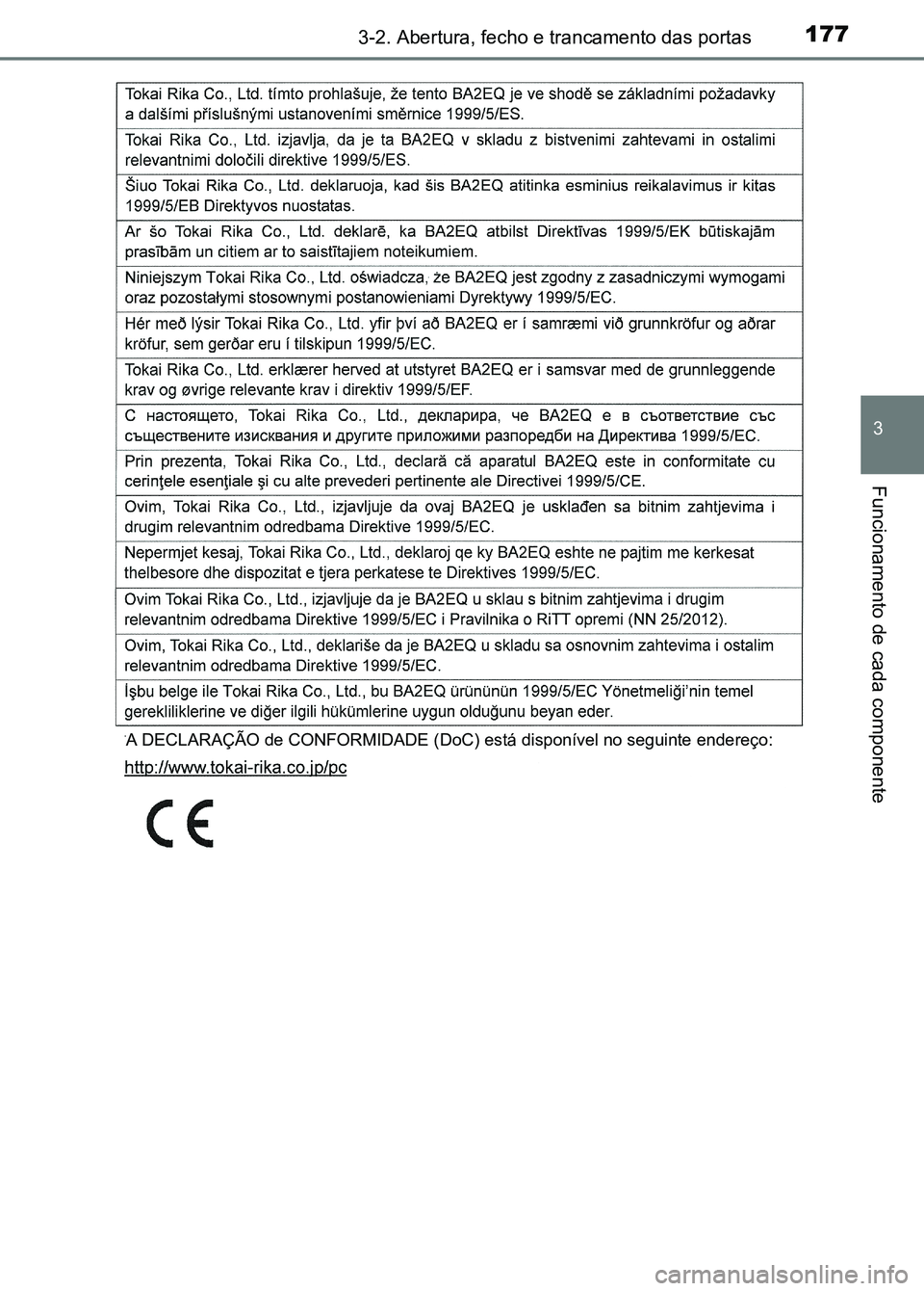 TOYOTA RAV4 2016  Manual de utilização (in Portuguese) 1773-2. Abertura, fecho e trancamento das portas
3
Funcionamento de cada componente
A DECLARAÇÃO de CONFORMIDADE (DoC) está disponível no seguinte endereço:
sec_03-02.fm  Page 177  Thursday, Octo