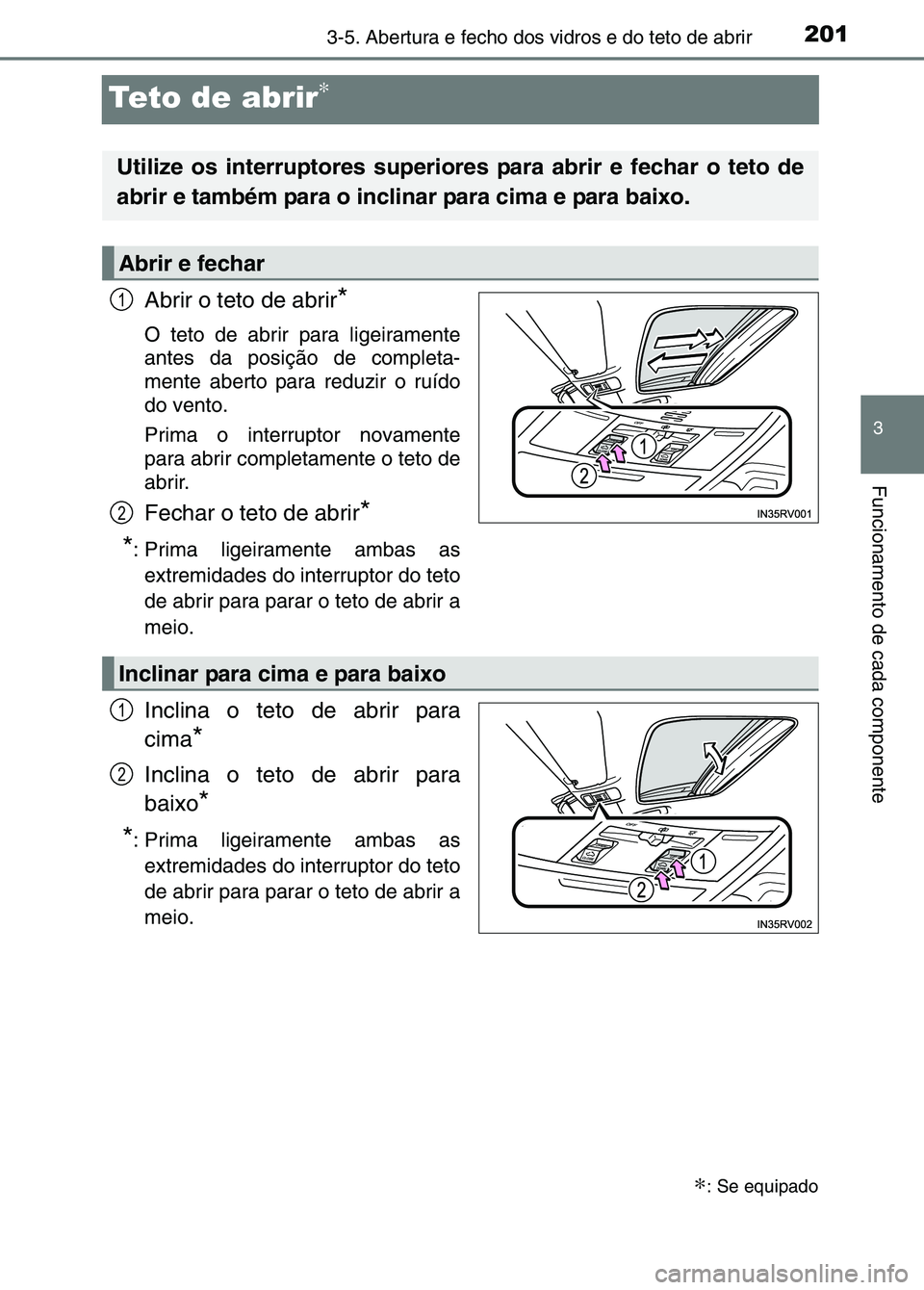 TOYOTA RAV4 2016 Manual de utilização (in Portuguese) 201
3
3-5. Abertura e fecho dos vidros e do teto de abrir
Funcionamento de cada componente
Teto de abrir∗
Abrir o teto de abrir*
O teto de abrir para ligeiramente
antes da posição de completa-
men TOYOTA RAV4 2016 Manual de utilização (in Portuguese) 201
3
3-5. Abertura e fecho dos vidros e do teto de abrir
Funcionamento de cada componente
Teto de abrir∗
Abrir o teto de abrir*
O teto de abrir para ligeiramente
antes da posição de completa-
men