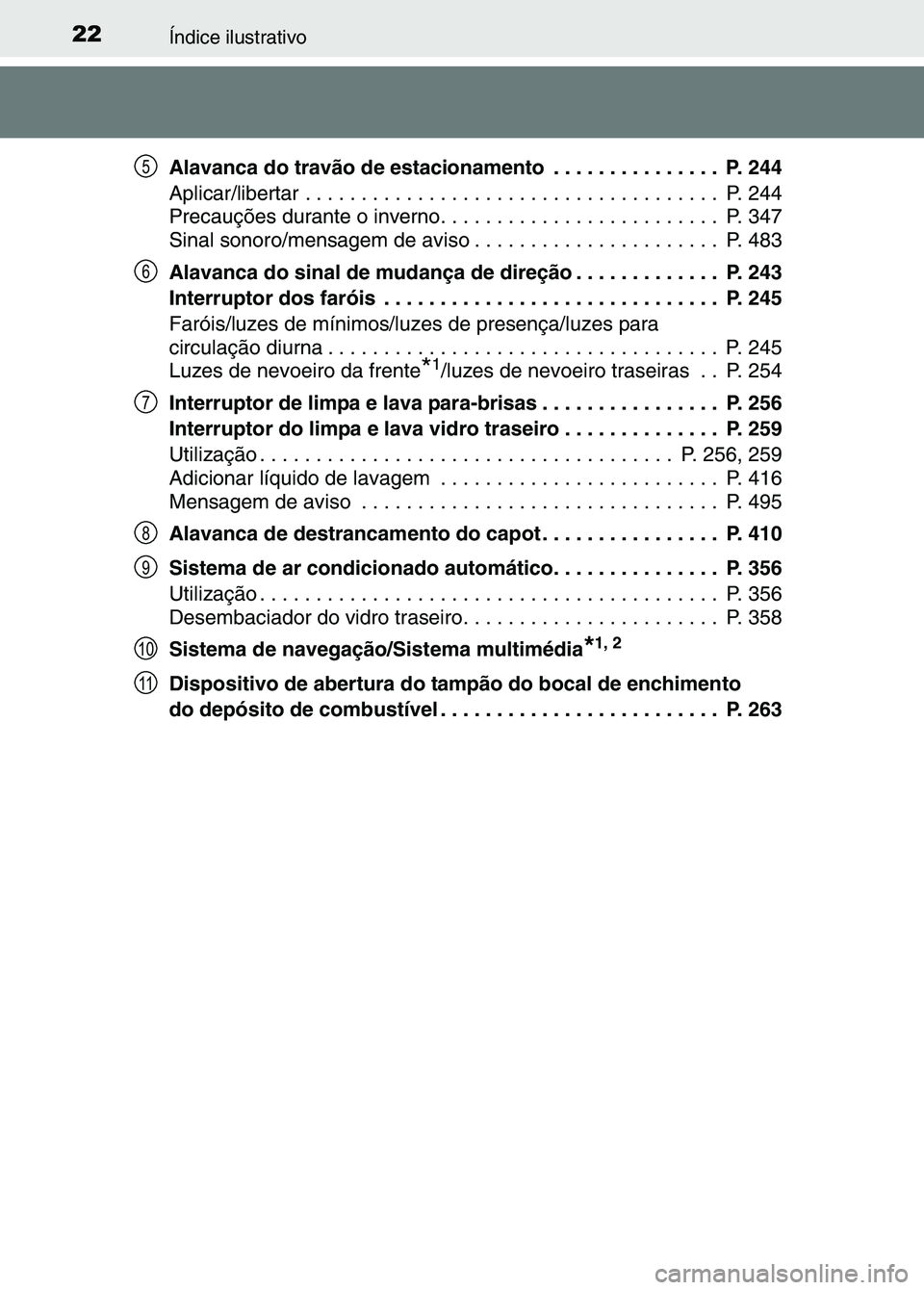 TOYOTA RAV4 2016 Manual de utilização (in Portuguese) 22Índice ilustrativo
Alavanca do travão de estacionamento . . . . . . . . . . . . . . . P. 244
Aplicar/libertar . . . . . . . . . . . . . . . . . . . . . . . . . . . . . . . . . . . .\
. P. 244
TOYOTA RAV4 2016 Manual de utilização (in Portuguese) 22Índice ilustrativo
Alavanca do travão de estacionamento . . . . . . . . . . . . . . . P. 244
Aplicar/libertar . . . . . . . . . . . . . . . . . . . . . . . . . . . . . . . . . . . .\
. P. 244