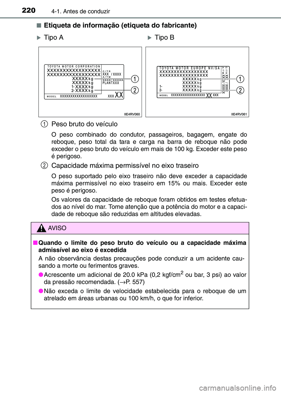 TOYOTA RAV4 2016  Manual de utilização (in Portuguese) 2204-1. Antes de conduzir
■Etiqueta de informação (etiqueta do fabricante)Peso bruto do veículo
O peso combinado do condutor, passageiros, bagagem, engate do
reboque, peso total da tara e ca rga 