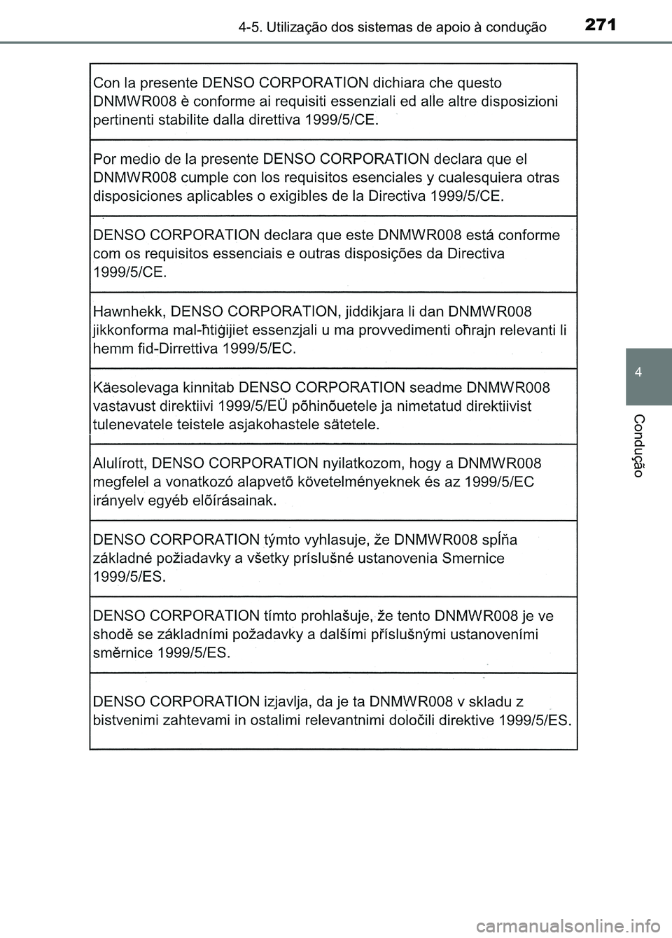 TOYOTA RAV4 2016 Manual de utilização (in Portuguese) 2714-5. Utilização dos sistemas de apoio à condução
4
Condução
sec_04-05.fm Page 271 Thurs day, October 6, 2016 11:56 AM TOYOTA RAV4 2016 Manual de utilização (in Portuguese) 2714-5. Utilização dos sistemas de apoio à condução
4
Condução
sec_04-05.fm Page 271 Thurs day, October 6, 2016 11:56 AM