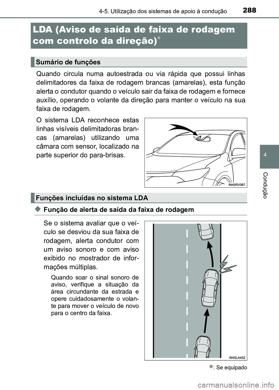 TOYOTA RAV4 2016  Manual de utilização (in Portuguese) 288
4
4-5. Utilização dos sistemas de apoio à condução
Condução
LDA (Aviso de saída de faixa de rodagem 
com controlo da direção)
∗
Quando  circula  numa  autoestrada  ou  via  rápida  qu