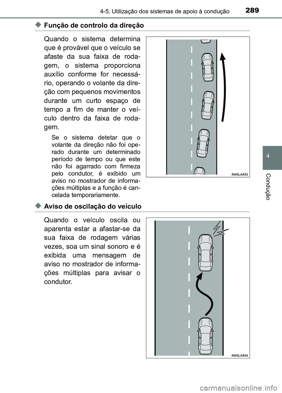 TOYOTA RAV4 2016  Manual de utilização (in Portuguese) 2894-5. Utilização dos sistemas de apoio à condução
4
Condução
◆Função de controlo da direção
Quando  o  sistema  determina
que é provável que o veículo se
afaste  da  sua  faixa  de  