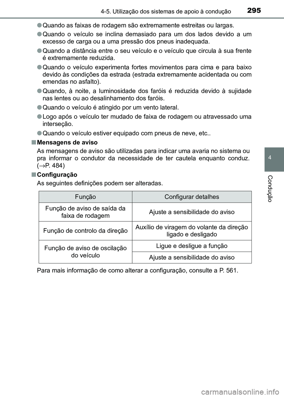 TOYOTA RAV4 2016 Manual de utilização (in Portuguese) 2954-5. Utilização dos sistemas de apoio à condução
4
Condução
●Quando as faixas de rodagem são extremamente estreitas ou larga s.
● Quando o veículo se inclina demasiado para um TOYOTA RAV4 2016 Manual de utilização (in Portuguese) 2954-5. Utilização dos sistemas de apoio à condução
4
Condução
●Quando as faixas de rodagem são extremamente estreitas ou larga s.
● Quando o veículo se inclina demasiado para um