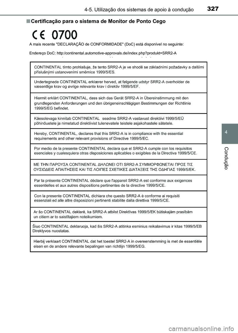 TOYOTA RAV4 2016 Manual de utilização (in Portuguese) 3274-5. Utilização dos sistemas de apoio à condução
4
Condução
■Certificação para o sistem a de Monitor de Ponto Cego
A mais recente "DECLARAÇÃO de CO NFORMIDADE" (DoC) está disp TOYOTA RAV4 2016 Manual de utilização (in Portuguese) 3274-5. Utilização dos sistemas de apoio à condução
4
Condução
■Certificação para o sistem a de Monitor de Ponto Cego
A mais recente "DECLARAÇÃO de CO NFORMIDADE" (DoC) está disp