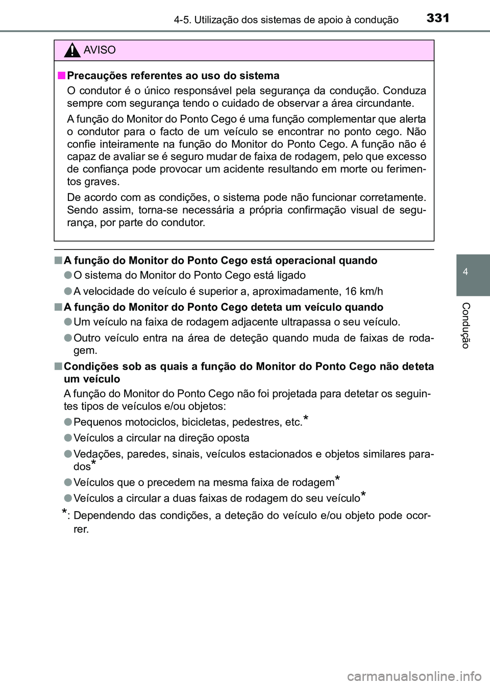 TOYOTA RAV4 2016 Manual de utilização (in Portuguese) 3314-5. Utilização dos sistemas de apoio à condução
4
Condução
■A função do Monitor do Ponto Cego está operacional quando
●O sistema do Monitor do Ponto Cego está ligado
● A velocidad TOYOTA RAV4 2016 Manual de utilização (in Portuguese) 3314-5. Utilização dos sistemas de apoio à condução
4
Condução
■A função do Monitor do Ponto Cego está operacional quando
●O sistema do Monitor do Ponto Cego está ligado
● A velocidad