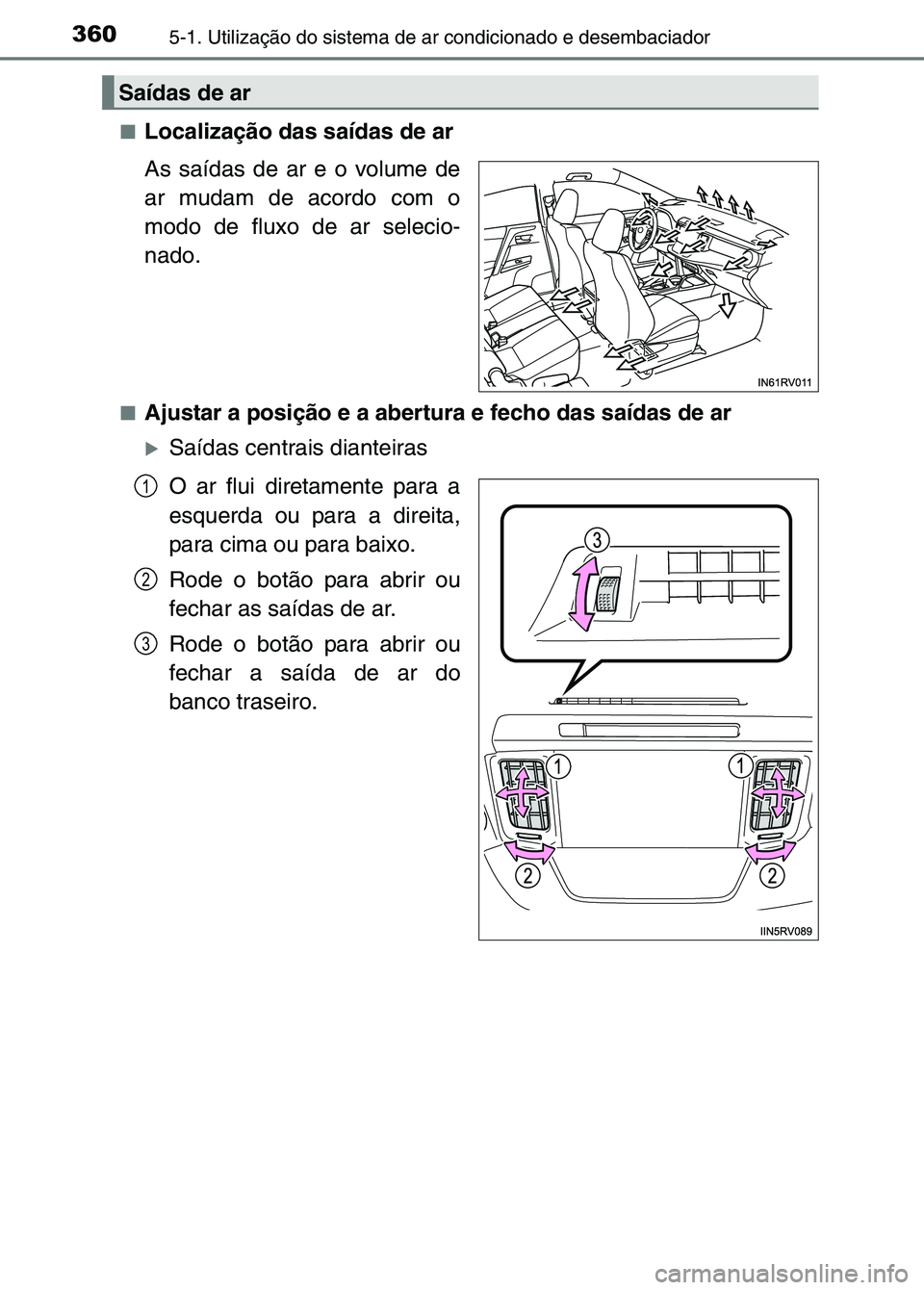 TOYOTA RAV4 2016 Manual de utilização (in Portuguese) 3605-1. Utilização do sistema de ar condicionado e desembaciador
■Localização das saídas de ar
As saídas de ar e o volume de
ar mudam de acordo com o
modo de fluxo de ar selecio-
nado.
■Ajus TOYOTA RAV4 2016 Manual de utilização (in Portuguese) 3605-1. Utilização do sistema de ar condicionado e desembaciador
■Localização das saídas de ar
As saídas de ar e o volume de
ar mudam de acordo com o
modo de fluxo de ar selecio-
nado.
■Ajus