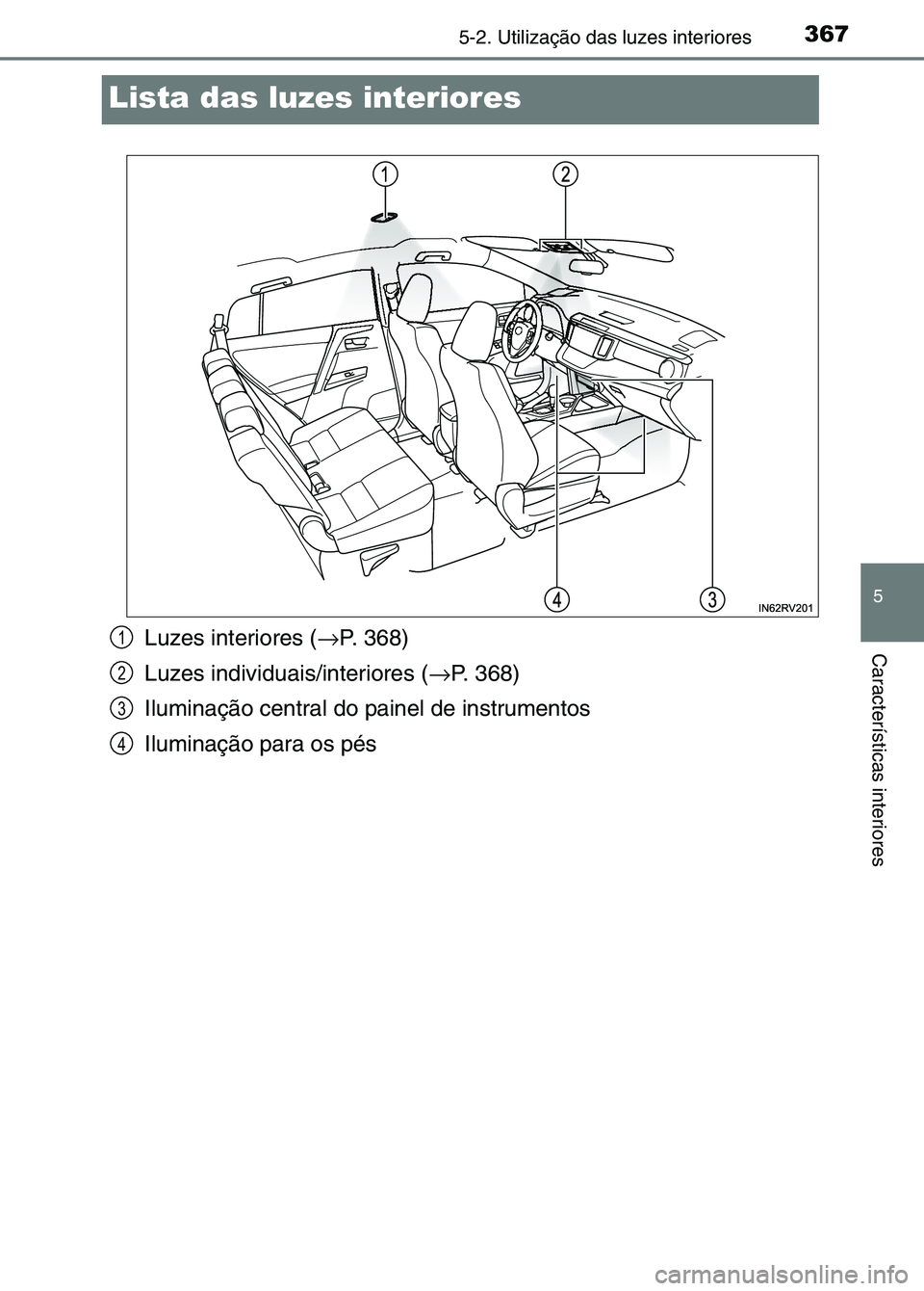 TOYOTA RAV4 2016  Manual de utilização (in Portuguese) 3675-2. Utilização das luzes interiores
5
Características interiores
Lista das luzes interiores
Luzes interiores (→P. 368)
Luzes individuais/interiores ( →P. 368)
Iluminação central do painel
