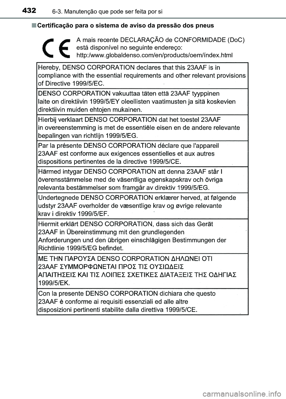 TOYOTA RAV4 2016 Manual de utilização (in Portuguese) 4326-3. Manutenção que pode ser feita por si
■Certificação para o sistema de aviso da pressão dos pneus
A mais recente DECLARAÇÃO de CONFORMIDADE (DoC)
está disponível no seguinte endereço TOYOTA RAV4 2016 Manual de utilização (in Portuguese) 4326-3. Manutenção que pode ser feita por si
■Certificação para o sistema de aviso da pressão dos pneus
A mais recente DECLARAÇÃO de CONFORMIDADE (DoC)
está disponível no seguinte endereço