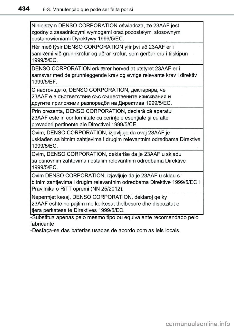 TOYOTA RAV4 2016 Manual de utilização (in Portuguese) 4346-3. Manutenção que pode ser feita por si
-Substitua apenas pelo mesmo tipo ou equivalente recomendado pelo
fabricante
-Desfaça-se das baterias usadas de acordo com as leis locais.
sec_06-03.fm TOYOTA RAV4 2016 Manual de utilização (in Portuguese) 4346-3. Manutenção que pode ser feita por si
-Substitua apenas pelo mesmo tipo ou equivalente recomendado pelo
fabricante
-Desfaça-se das baterias usadas de acordo com as leis locais.
sec_06-03.fm