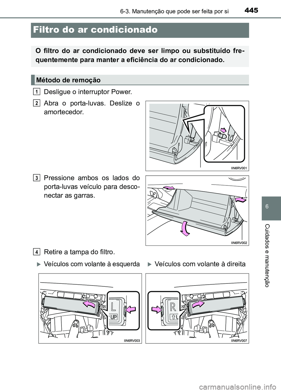 TOYOTA RAV4 2016 Manual de utilização (in Portuguese) 4456-3. Manutenção que pode ser feita por si
6
Cuidados e manutenção
Filtro do ar condicionado
Desligue o interruptor Power.
Abra o porta-luvas. Deslize o
amortecedor.
Pressione ambos os l TOYOTA RAV4 2016 Manual de utilização (in Portuguese) 4456-3. Manutenção que pode ser feita por si
6
Cuidados e manutenção
Filtro do ar condicionado
Desligue o interruptor Power.
Abra o porta-luvas. Deslize o
amortecedor.
Pressione ambos os l