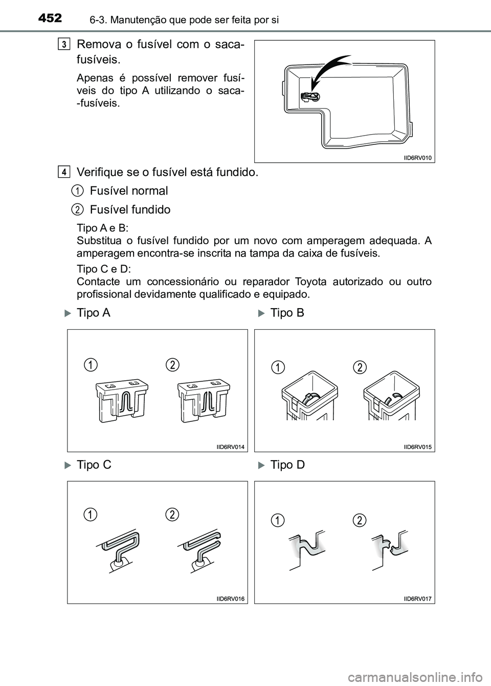 TOYOTA RAV4 2016  Manual de utilização (in Portuguese) 4526-3. Manutenção que pode ser feita por si
Remova o fusível com o saca-
fusíveis.
Apenas  é  possível  remover  fusí-
veis  do  tipo  A  utilizando  o  saca-
-fusíveis.
Verifique se o fusív