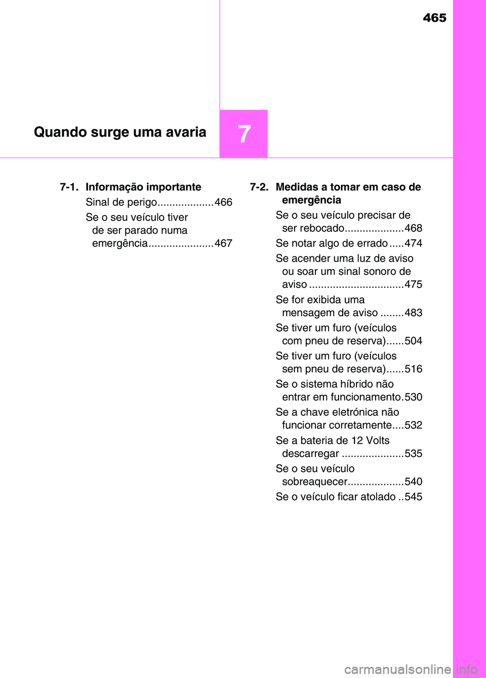 TOYOTA RAV4 2016 Manual de utilização (in Portuguese) 465
7Quando surge uma avaria
7-1. Informação importanteSinal de perigo................... 466
Se o seu veículo tiver de ser parado numa
emergência ...................... 467 7-2. Medidas a tomar TOYOTA RAV4 2016 Manual de utilização (in Portuguese) 465
7Quando surge uma avaria
7-1. Informação importanteSinal de perigo................... 466
Se o seu veículo tiver de ser parado numa
emergência ...................... 467 7-2. Medidas a tomar