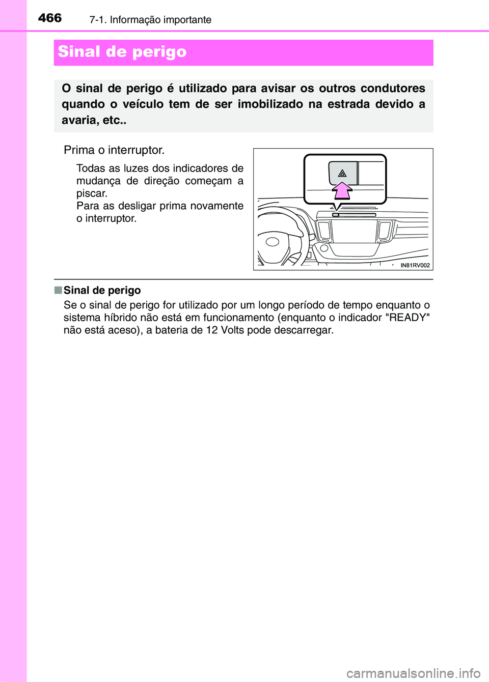 TOYOTA RAV4 2016 Manual de utilização (in Portuguese) 4667-1. Informação importante
Sinal de perigo
Prima o interruptor.
Todas as luzes dos indicadores de
mudança de direção começam a
piscar.
Para as desligar prima novamente
o interruptor.
■Sina TOYOTA RAV4 2016 Manual de utilização (in Portuguese) 4667-1. Informação importante
Sinal de perigo
Prima o interruptor.
Todas as luzes dos indicadores de
mudança de direção começam a
piscar.
Para as desligar prima novamente
o interruptor.
■Sina