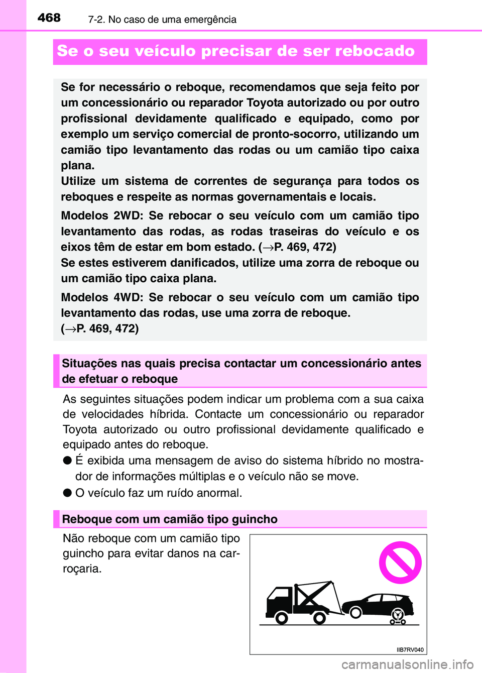 TOYOTA RAV4 2016 Manual de utilização (in Portuguese) 4687-2. No caso de uma emergência
Se o seu veículo precisar de ser rebocado
As seguintes situações podem indicar um problema com a sua caixa
de velocidades híbrida. Contacte um concessionário ou TOYOTA RAV4 2016 Manual de utilização (in Portuguese) 4687-2. No caso de uma emergência
Se o seu veículo precisar de ser rebocado
As seguintes situações podem indicar um problema com a sua caixa
de velocidades híbrida. Contacte um concessionário ou