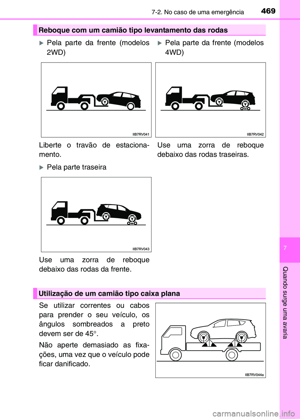 TOYOTA RAV4 2016 Manual de utilização (in Portuguese) 4697-2. No caso de uma emergência
7
Quando surge uma avaria
Se utilizar correntes ou cabos
para prender o seu veículo, os
ângulos sombreados a preto
devem ser de 45°.
Não aperte demasiado as fixa TOYOTA RAV4 2016 Manual de utilização (in Portuguese) 4697-2. No caso de uma emergência
7
Quando surge uma avaria
Se utilizar correntes ou cabos
para prender o seu veículo, os
ângulos sombreados a preto
devem ser de 45°.
Não aperte demasiado as fixa