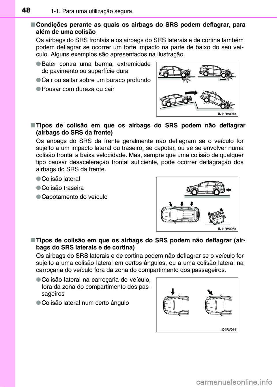 TOYOTA RAV4 2016 Manual de utilização (in Portuguese) 481-1. Para uma utilização segura
■Condições perante as quais os airb ags do SRS podem deflagrar, para
além de uma colisão
Os airbags do SRS frontais e os airbag s do SRS laterais e de cortin TOYOTA RAV4 2016 Manual de utilização (in Portuguese) 481-1. Para uma utilização segura
■Condições perante as quais os airb ags do SRS podem deflagrar, para
além de uma colisão
Os airbags do SRS frontais e os airbag s do SRS laterais e de cortin